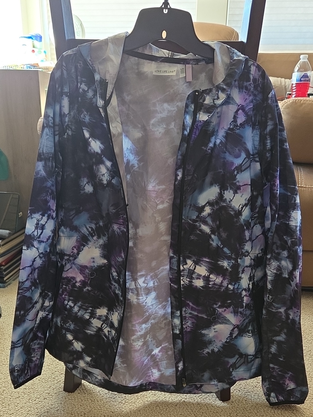 Love + Peace Tie-Dye Large Lightweight Windbreaker Hooded Jacket  Black & Purple